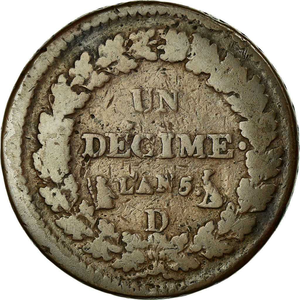 Moneta, Francia, Dupré, Decime, 1796, Lyon, B+, Bronzo, KM:645.5, Gadoury:187