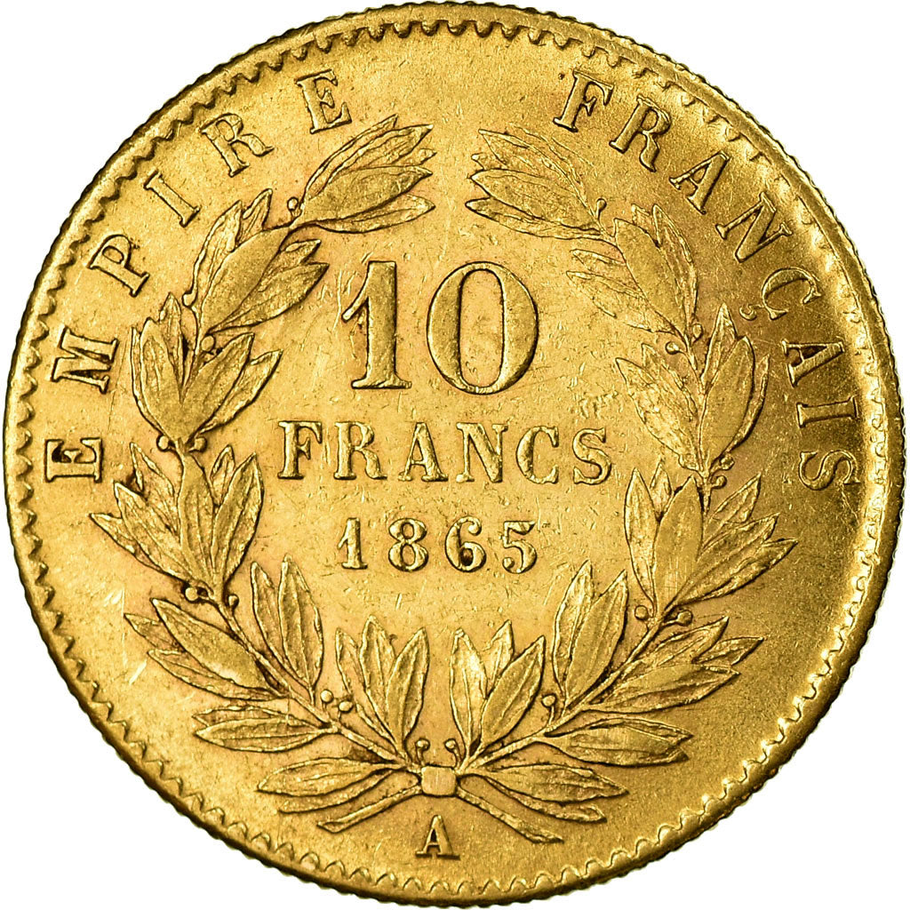 Moneda, Francia, Napoleon III, 10 Francs, 1865, Paris, MBC+, Oro