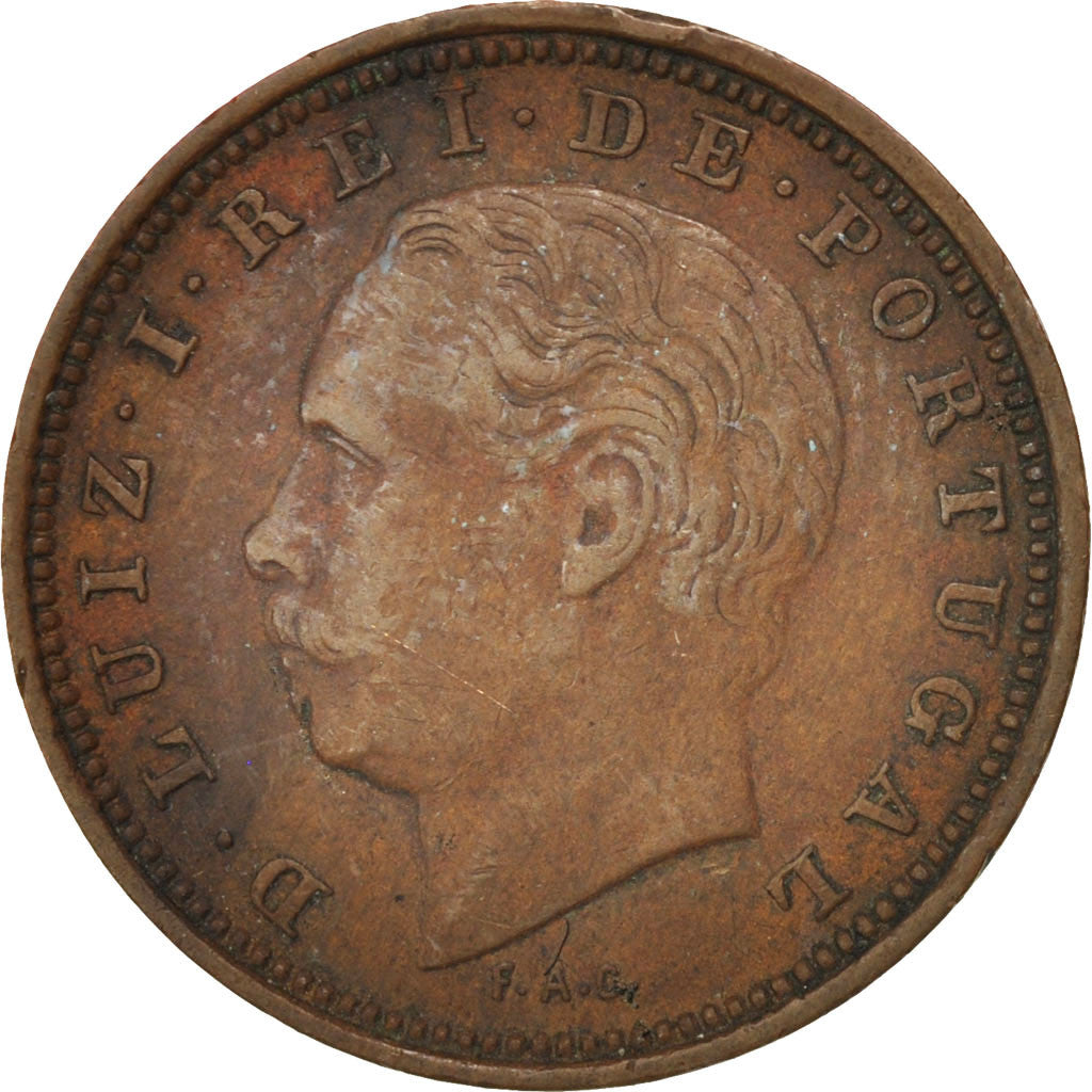 PORTUGAL, 5 Reis, 1886, KM #525, EF(40-45), Bronze, 2.82