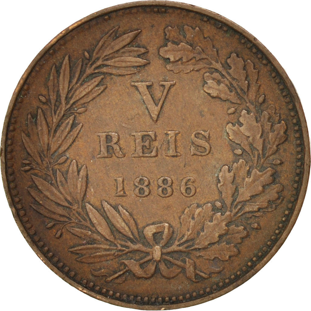 PORTUGAL, 5 Reis, 1886, KM #525, EF(40-45), Bronze, 2.82