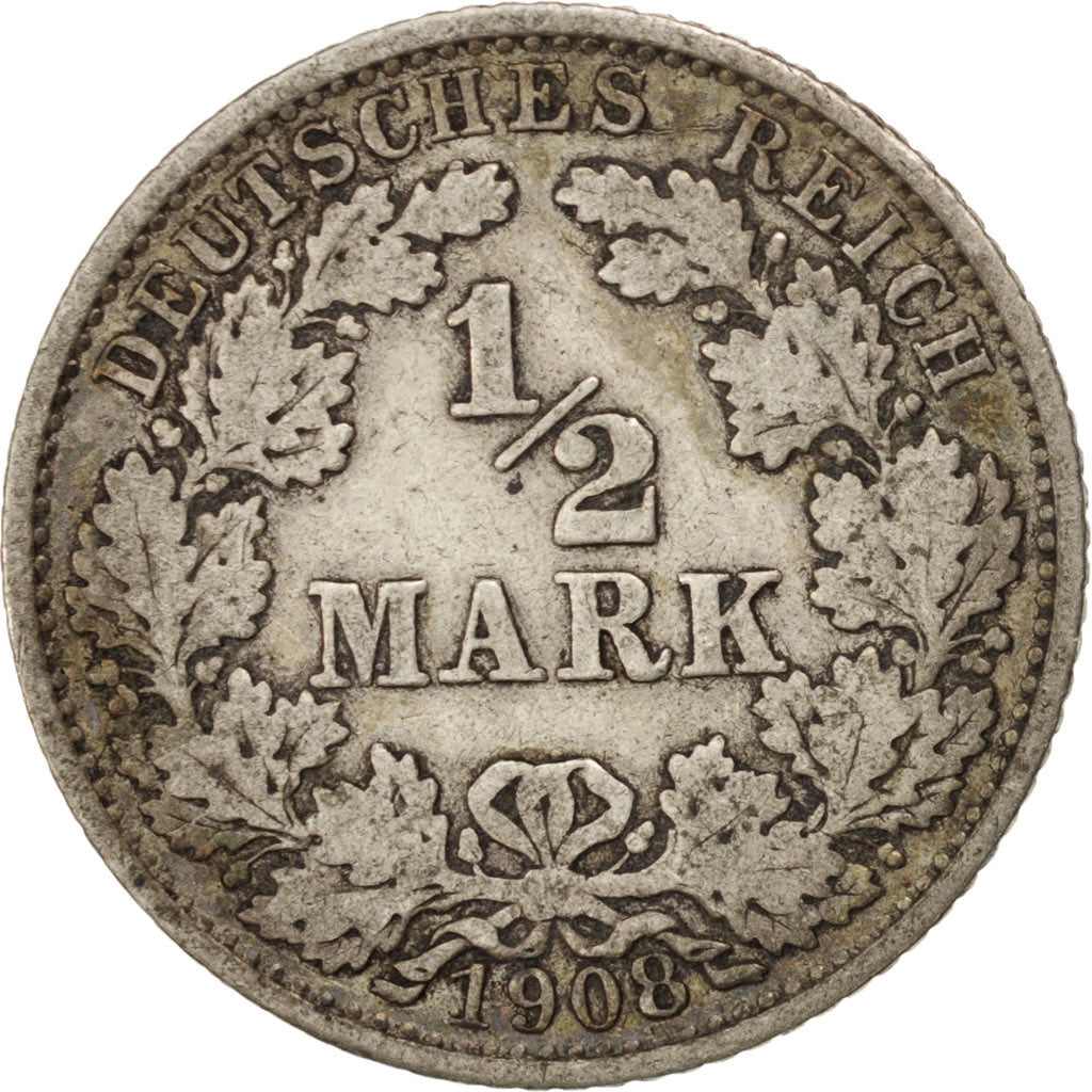GERMANY - EMPIRE, 1/2 Mark, 1908, Berlin, KM #17, VF(30-35), Silver, 20, 2.73