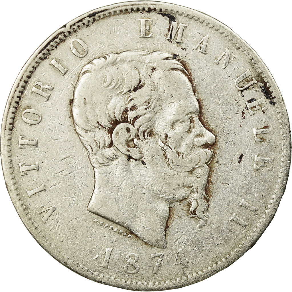 Coin, Italy, Vittorio Emanuele II, 5 Lire, 1874, Milan, VF(30-35), Silver,KM 8.3