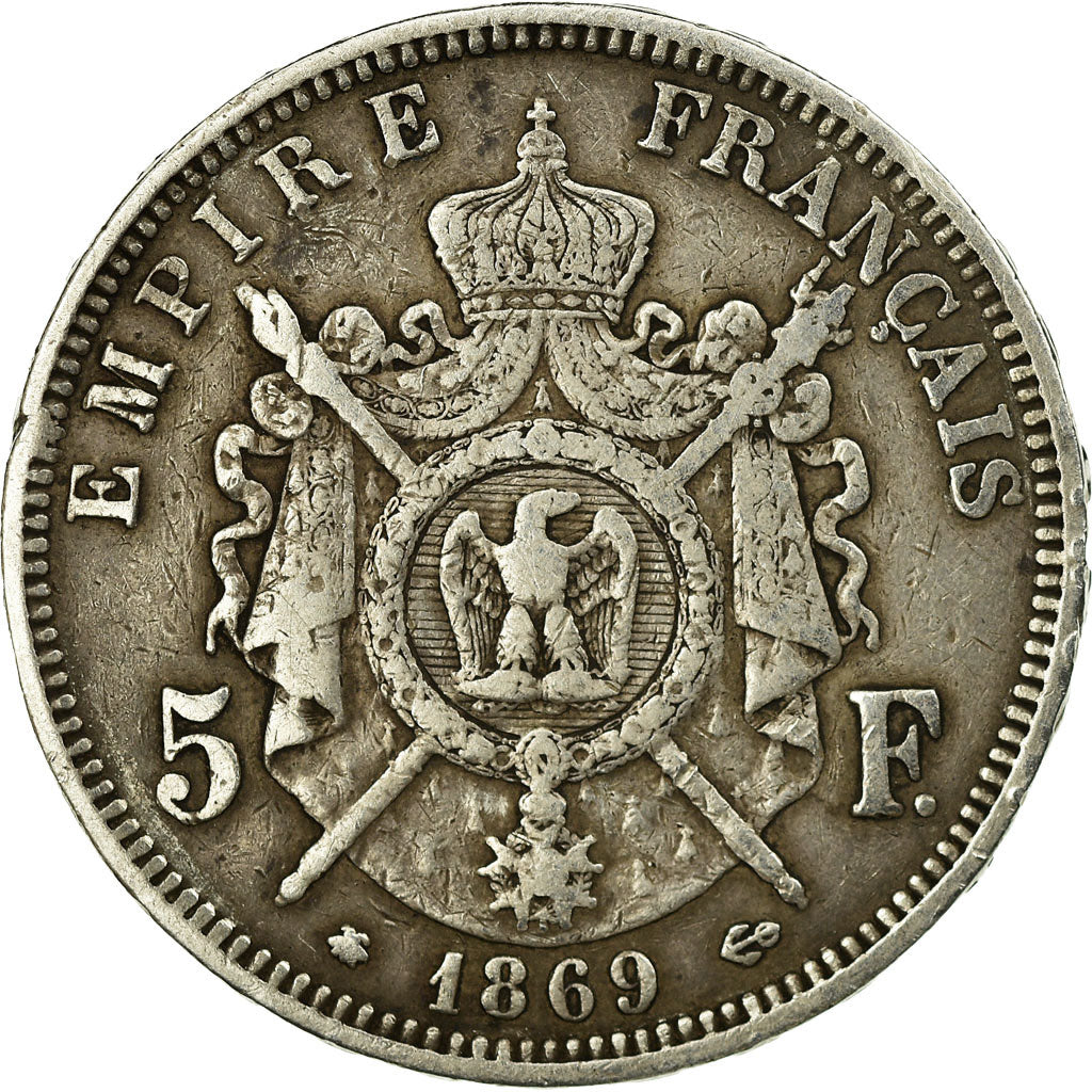 Moneta, Francia, Napoleon III, 5 Francs, 1869, Paris, MB+, KM 799.1