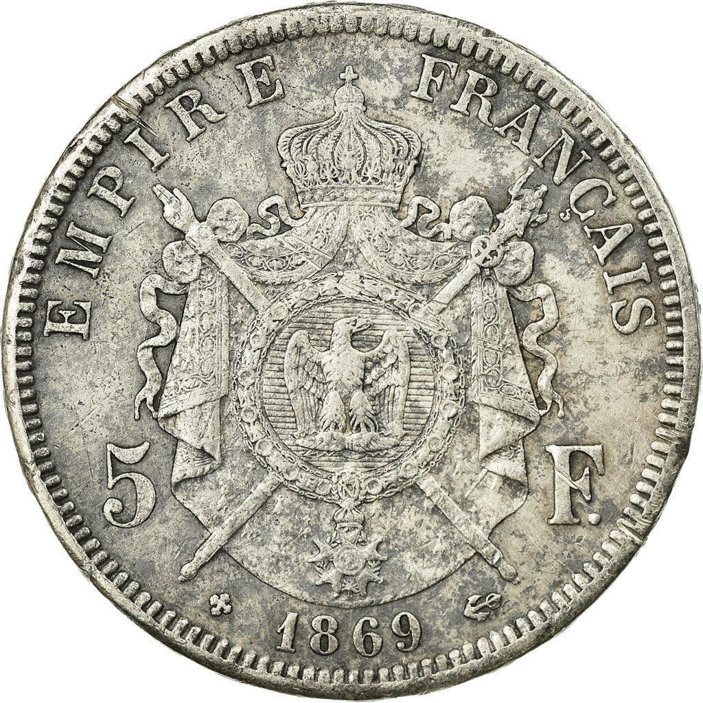 Moneta, Francja, Napoléon III,5 Francs,1869,Strasbourg,EF(40-45),Srebro,KM 799.2
