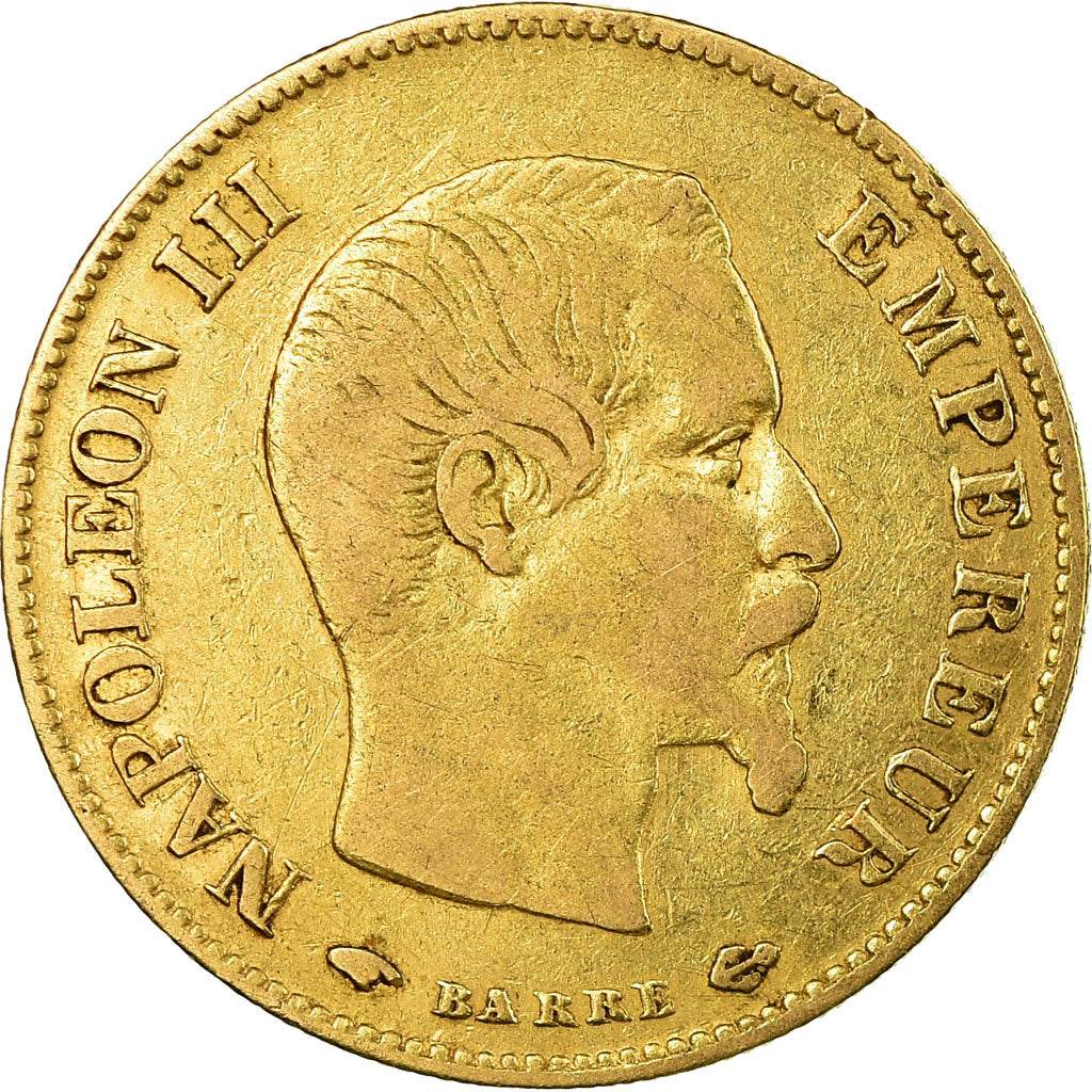 Moneda, Francia, Napoleon III, 10 Francs, 1858, Paris, BC+, Oro, KM 1014