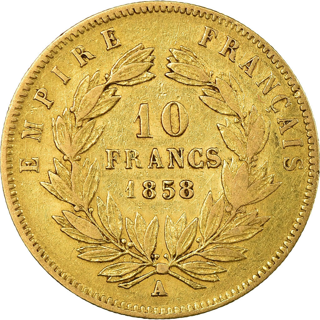 Moneda, Francia, Napoleon III, 10 Francs, 1858, Paris, BC+, Oro, KM 1014