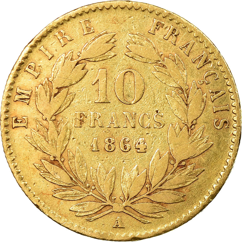 Moneta, Francja, Napoleon III, 10 Francs, 1864, Paris, VF(30-35), Gold, KM 800.1