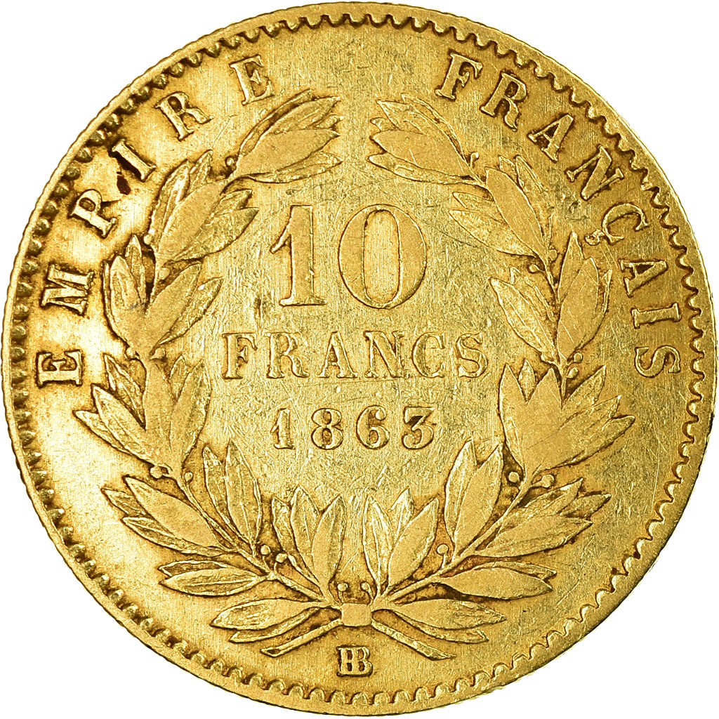 Moneda, Francia, Napoleon III, 10 Francs, 1863, Strasbourg, Oro, BC+