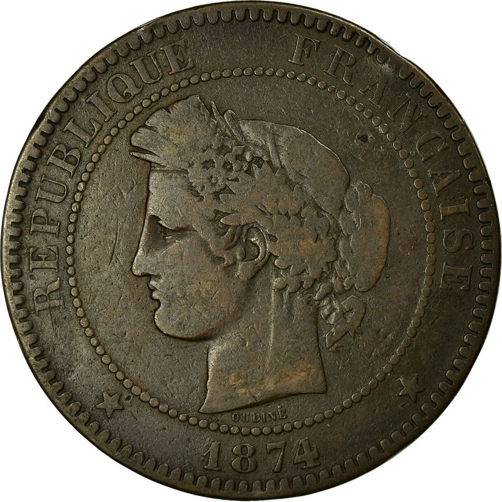Coin, France, Cérès, 10 Centimes, 1874, Bordeaux, VF(30-35), Bronze, KM:815.2