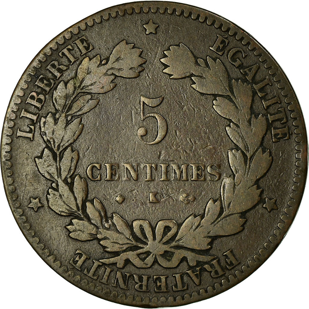 Moneta, Francja, Cérès, 5 Centimes, 1876, Bordeaux, VF(20-25), Bronze