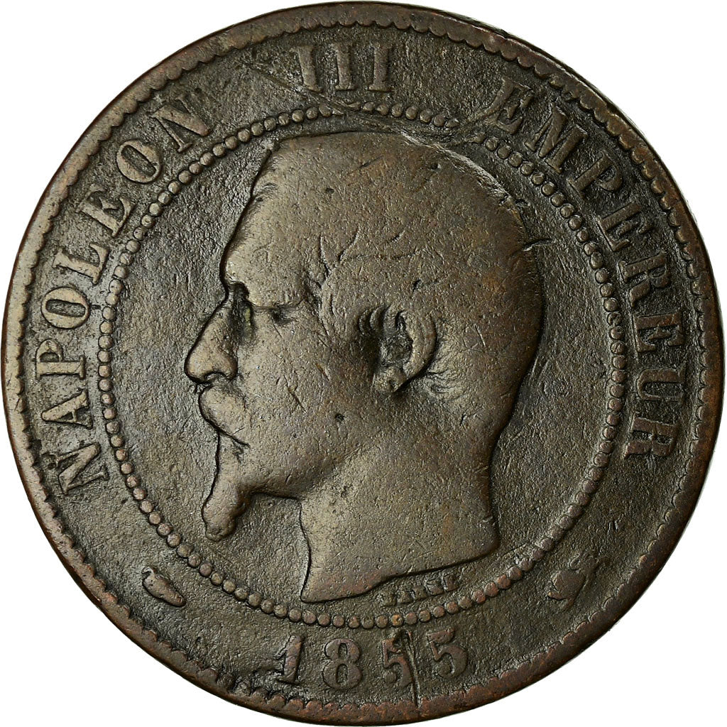 Moeda, França, Napoleon III, 10 Centimes, 1855, Lyon, F(12-15)