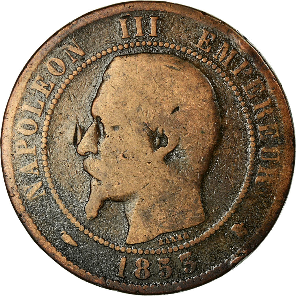 Moneda, Francia, Napoleon III, 10 Centimes, 1853, Bordeaux, BC