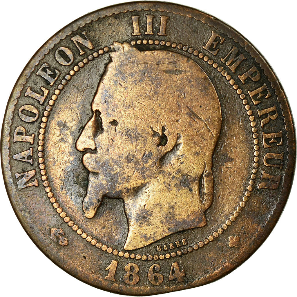 Moeda, França, Napoleon III, 10 Centimes, 1864, Strasbourg, VG(8-10)