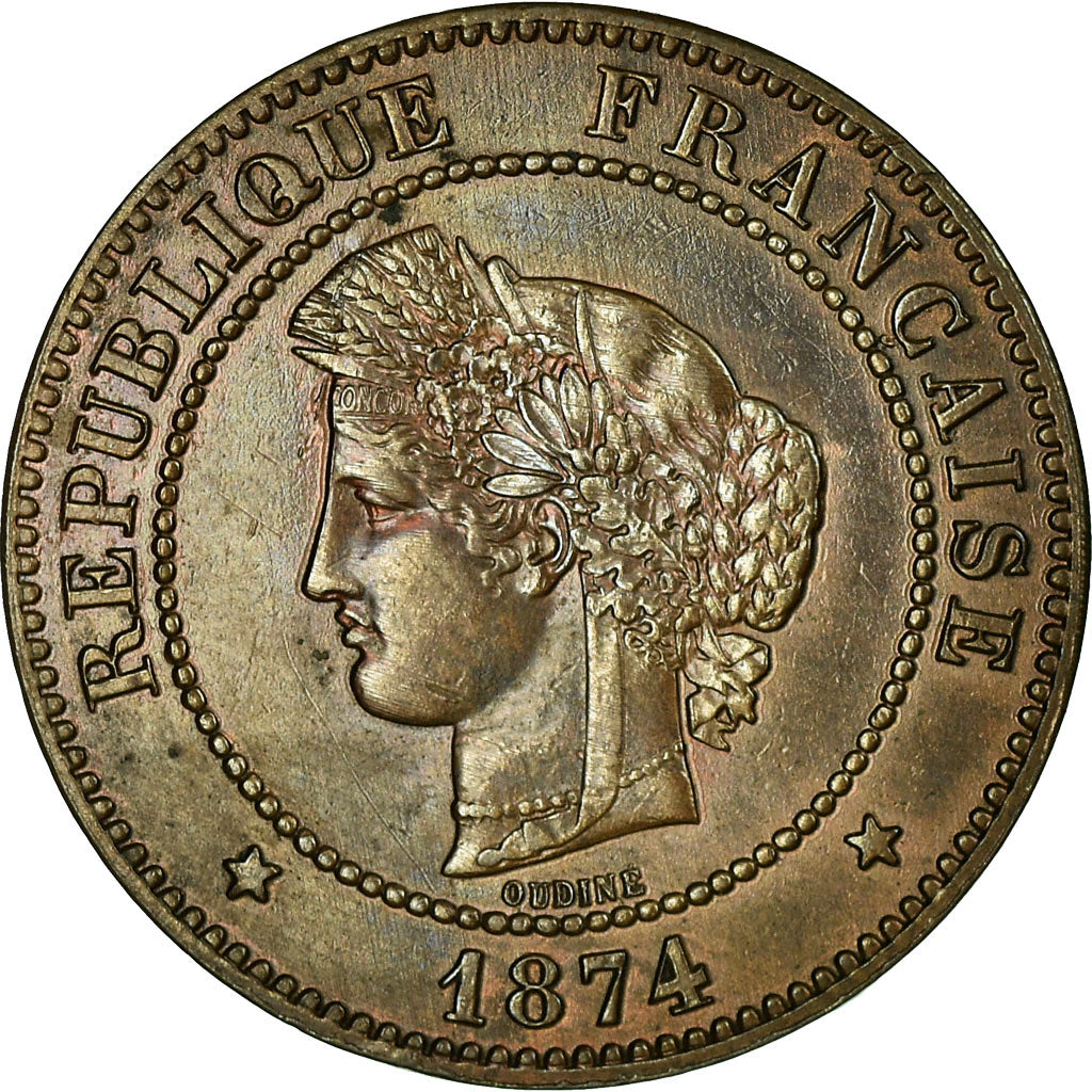Moeda, França, Cérès, 5 Centimes, 1874, Paris, AU(55-58), Bronze, KM:821.1
