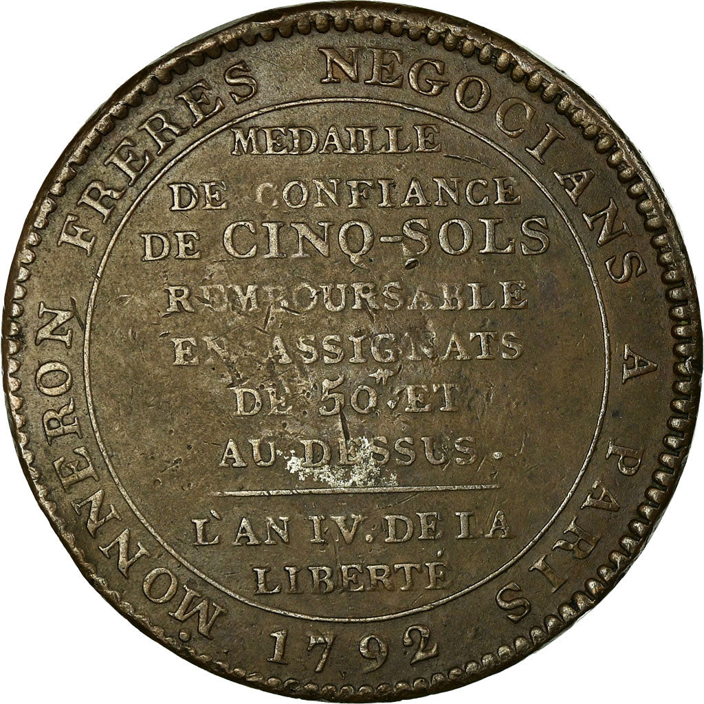Moneta, Francja, 5 Sols, 1792, Birmingham, EF(40-45), Bronze, KM:Tn31
