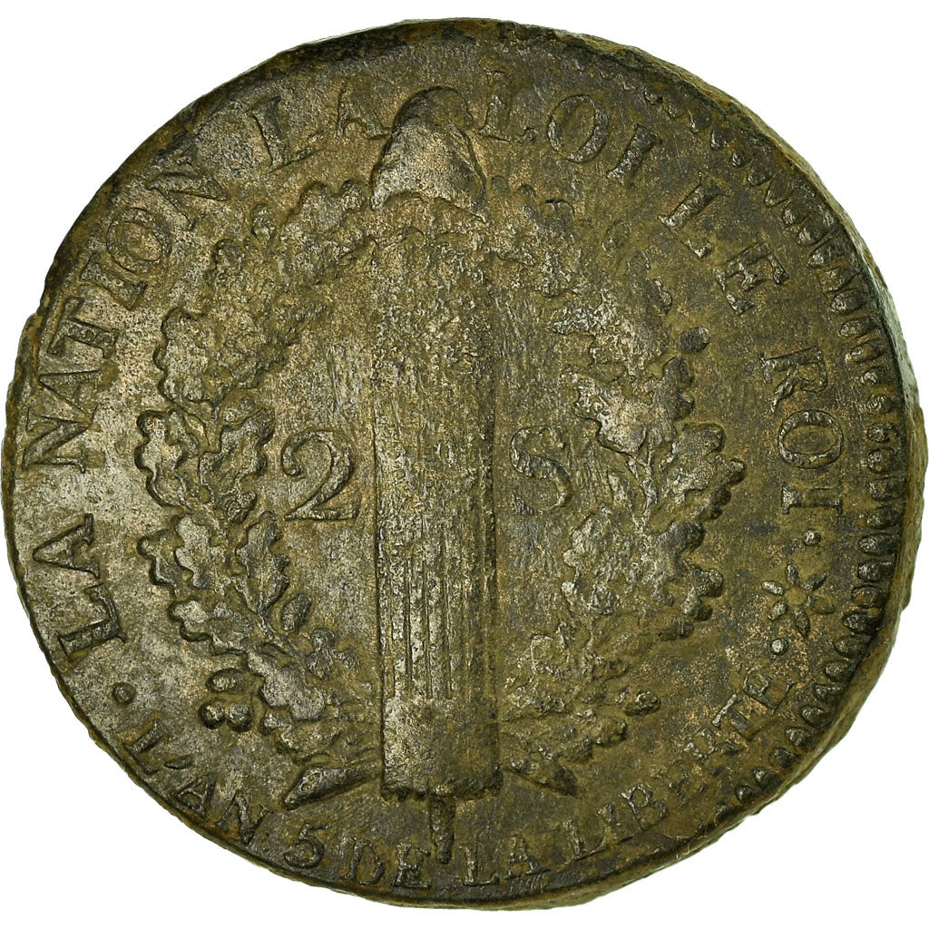 Moneta, Francia, 2 sols français, 2 Sols, 1793, Strasbourg, MB+, Bronzo