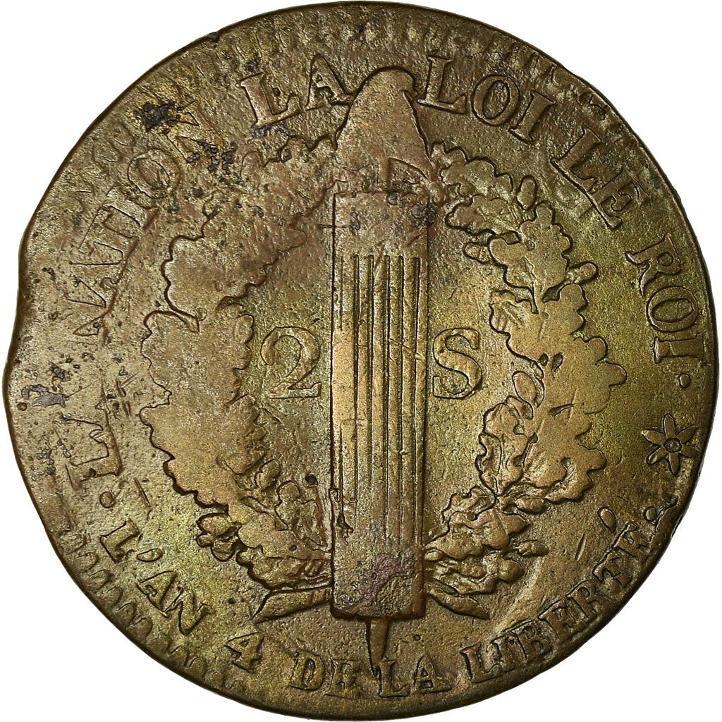 Monnaie, France, 2 sols français, 1792, Strasbourg, B+, Bronze, Gadoury 24