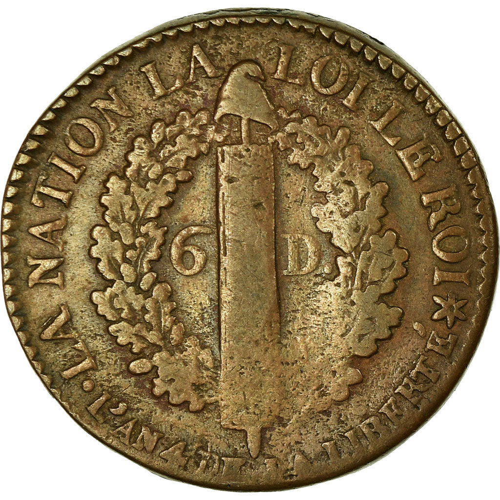 Moneta, Francia, 6 deniers français, 1792, Strasbourg, MB+, Bronzo