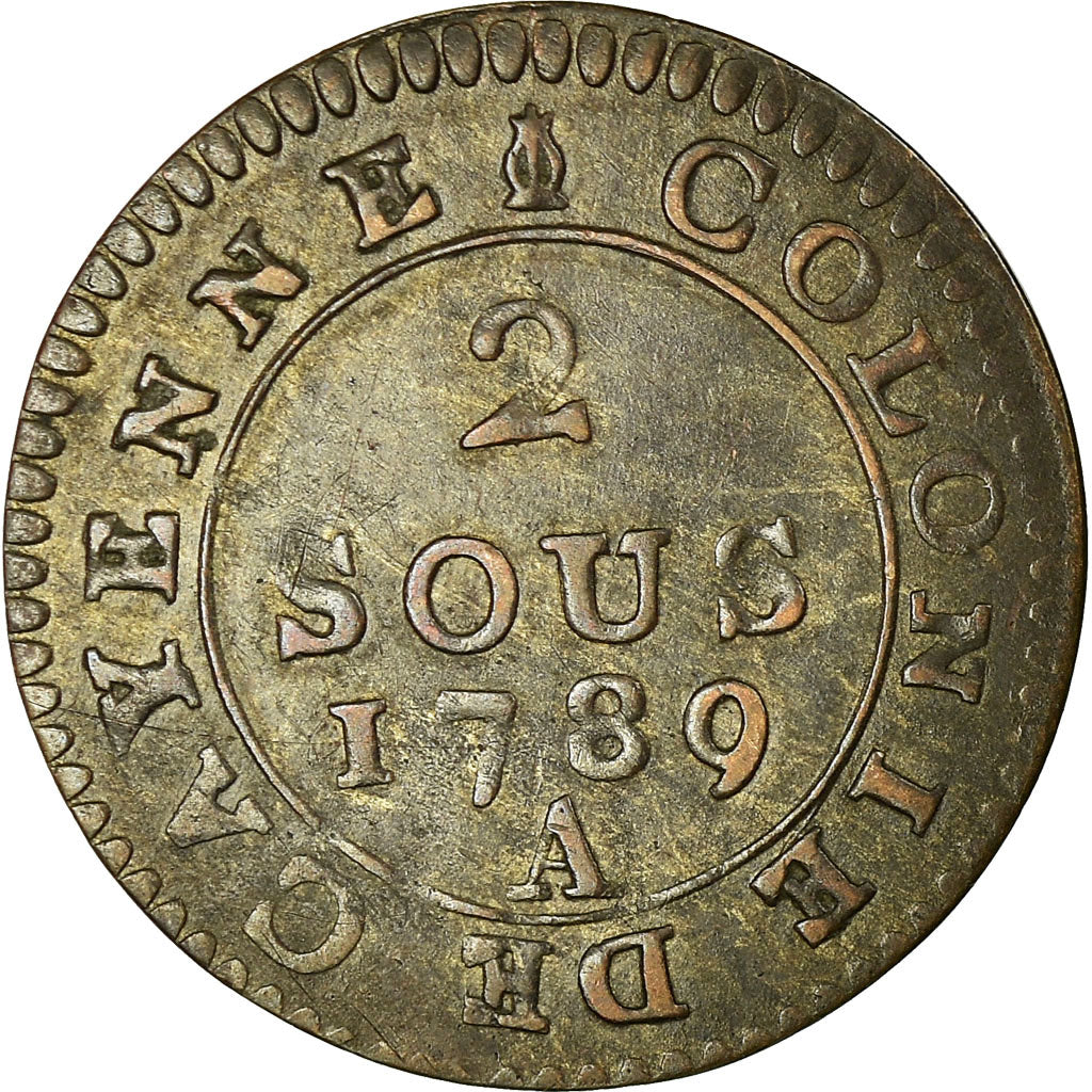 Coin, FRENCH GUIANA, 2 Sous, 1789, Paris, EF(40-45), Billon, KM:1, Lecompte:20