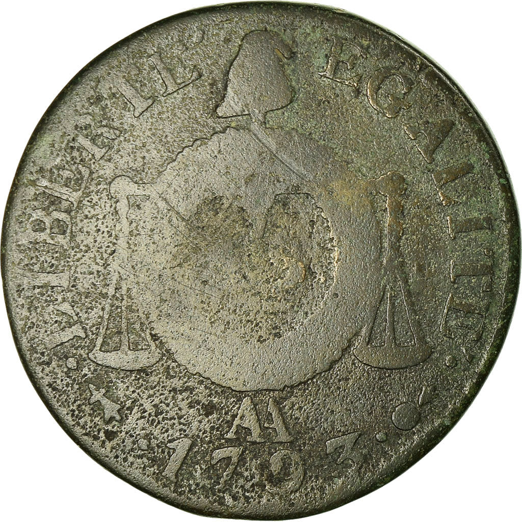 Coin, France, Sol aux balances françoise,1793, Metz, VG(8-10), Bronze, KM 619.2
