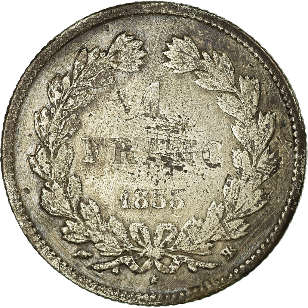 Moeda, França, Louis-Philippe, Franc, 1833, Strasbourg, F(12-15), Prata