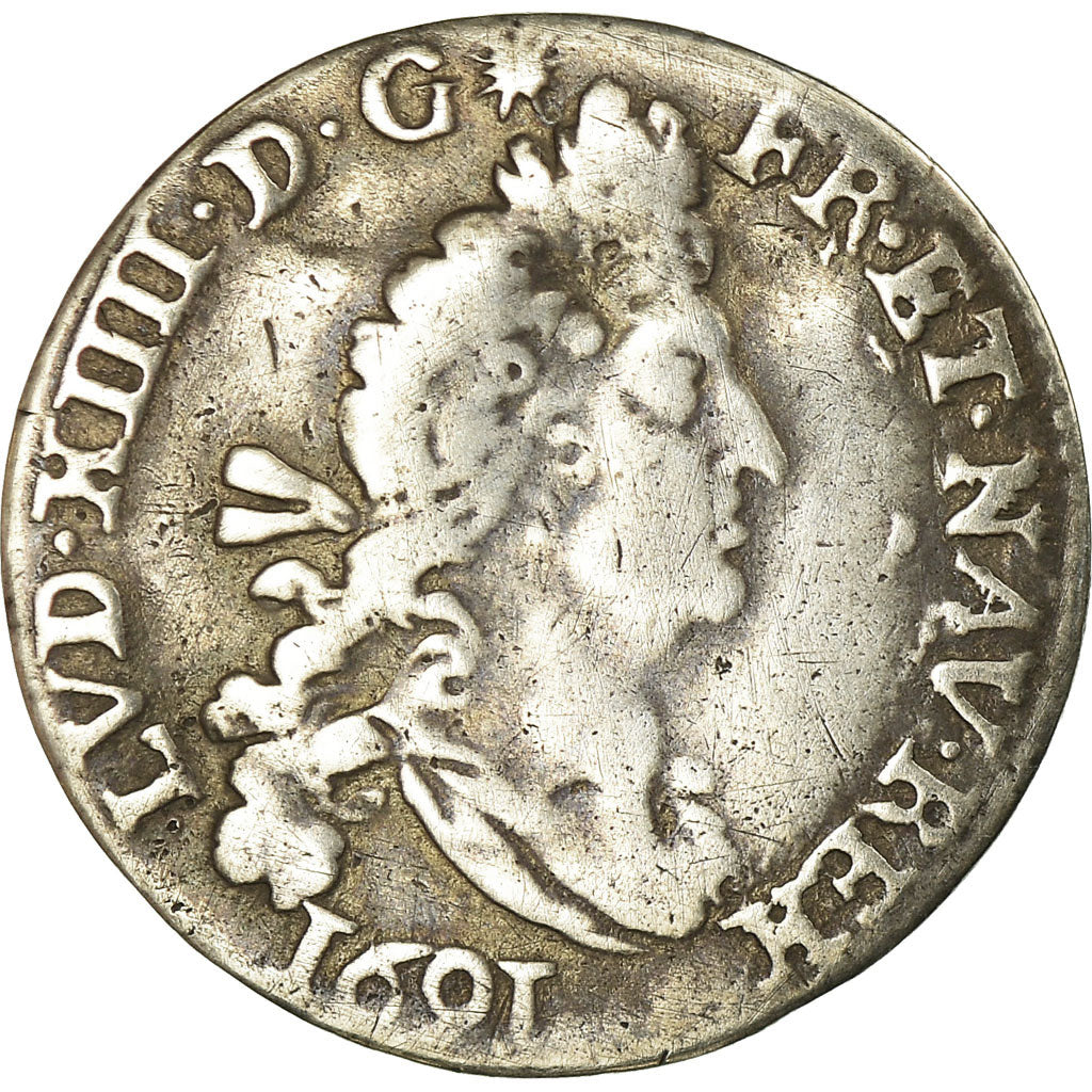 Coin, France, Louis XIV, 4 Sols aux 2 L, 1691, La Rochelle, VF(30-35), KM 281.6