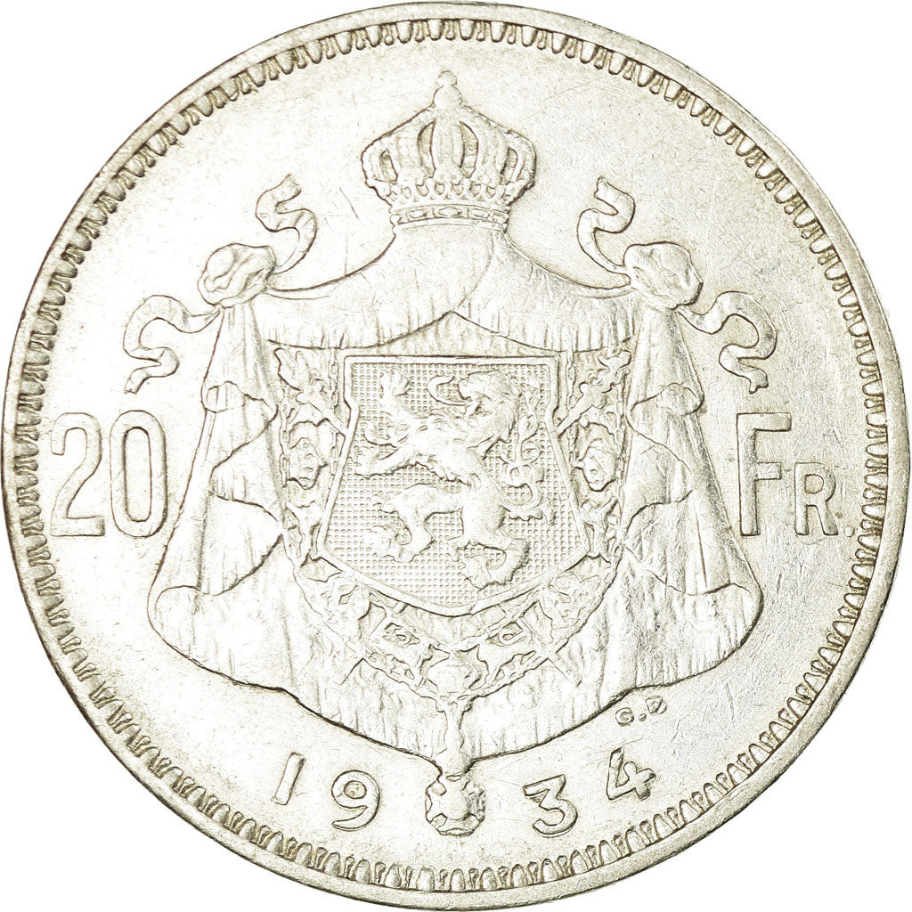 Coin, Belgium, 20 Francs, 20 Frank, 1934, VF(30-35), Silver, KM:104.1