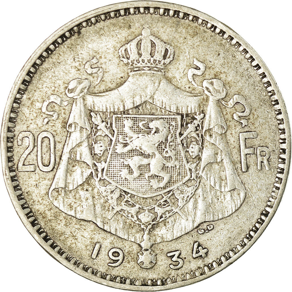 Coin, Belgium, 20 Francs, 20 Frank, 1934, VF(30-35), Silver, KM:104.1