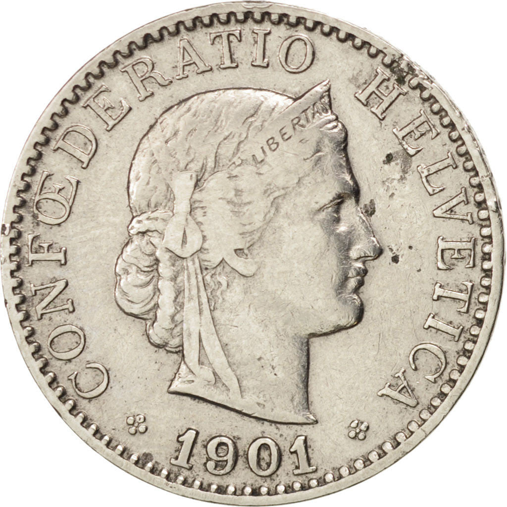 SWITZERLAND, 20 Rappen, 1901, Bern, KM #29, EF(40-45), Nickel, 21.05, 4.00