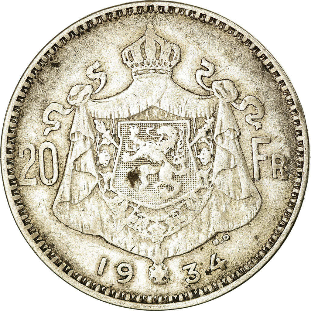 Coin, Belgium, 20 Francs, 20 Frank, 1934, VF(30-35), Silver, KM:104.1