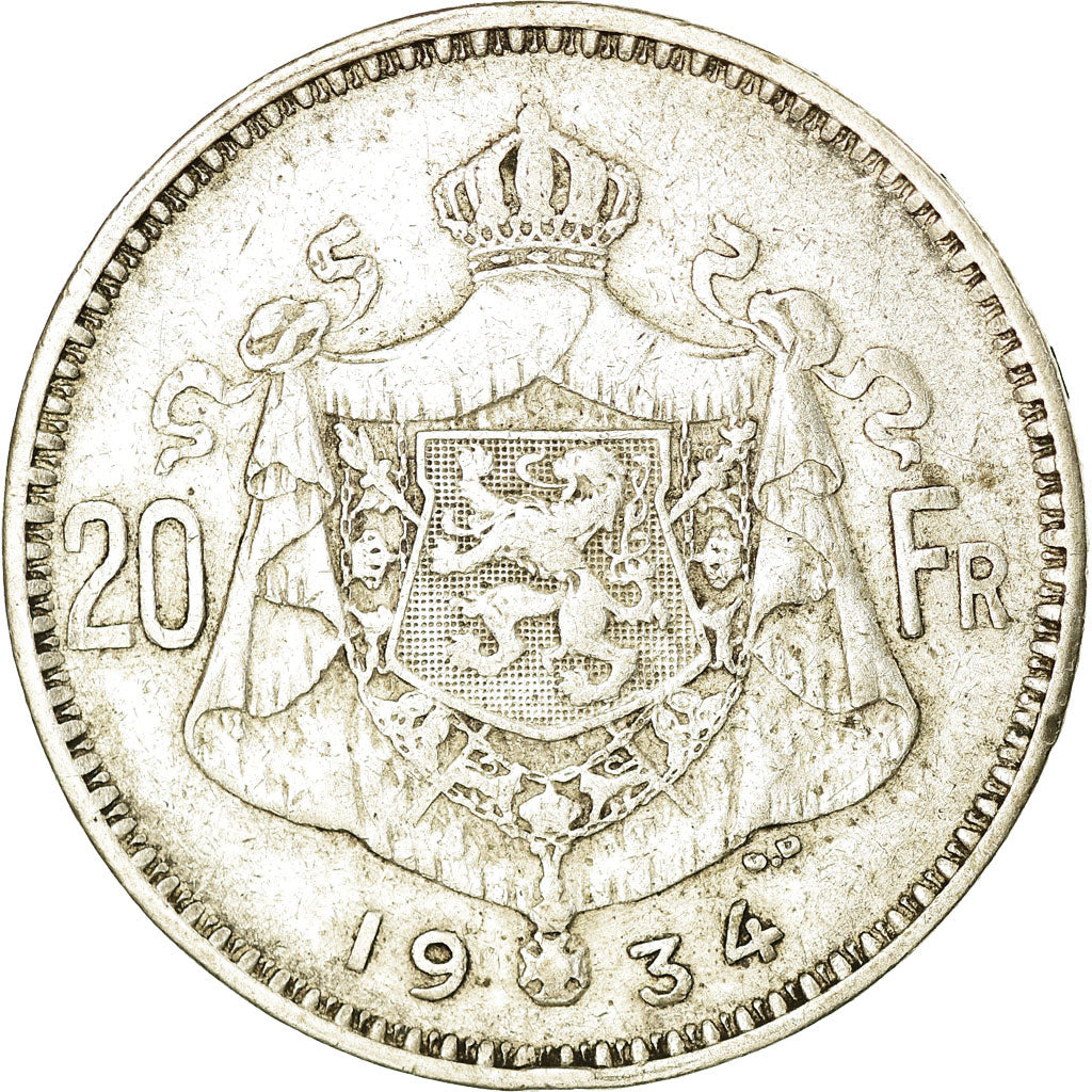 Coin, Belgium, 20 Francs, 20 Frank, 1934, EF(40-45), Silver, KM:104.1