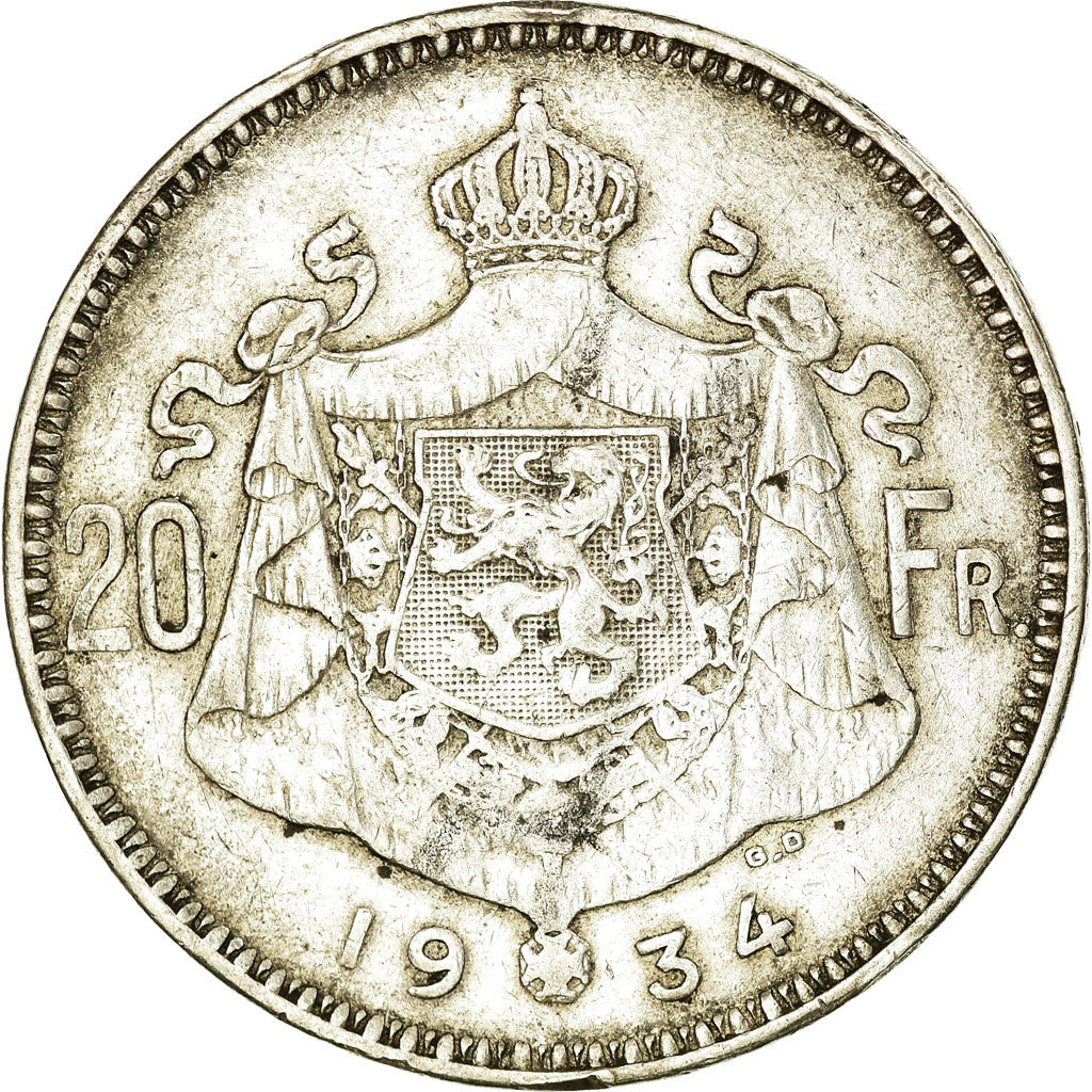 Coin, Belgium, 20 Francs, 20 Frank, 1934, EF(40-45), Silver, KM:104.1