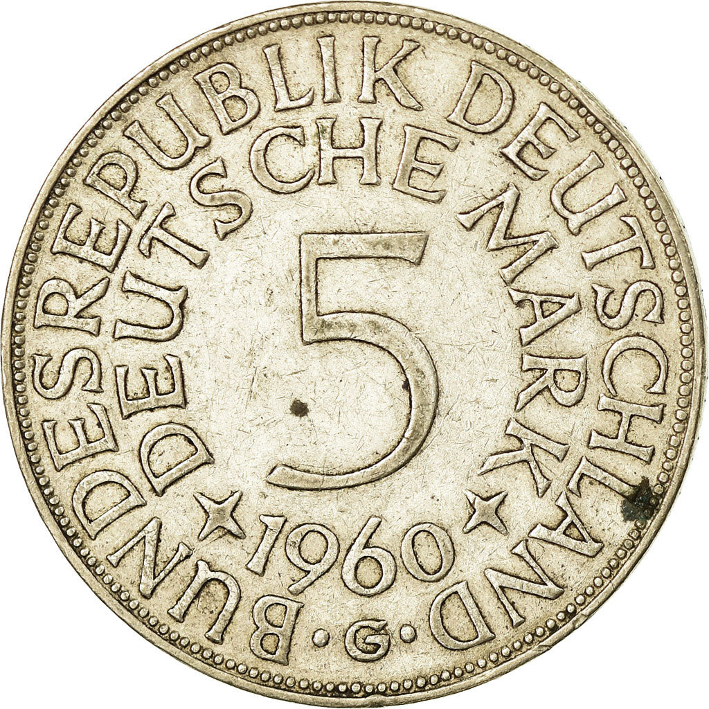 Coin, GERMANY - FEDERAL REPUBLIC, 5 Mark, 1960, Karlsruhe, EF(40-45), Silver