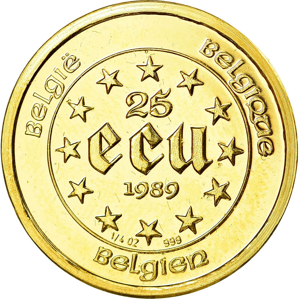 Coin, Belgium, 25 Ecu, 1989, MS(63), Gold, KM:173