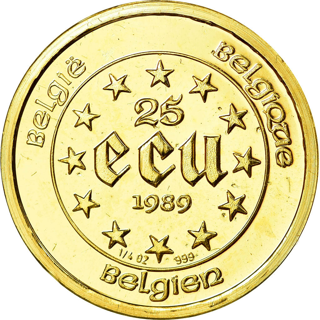 Coin, Belgium, 25 Ecu, 1989, MS(63), Gold, KM:173
