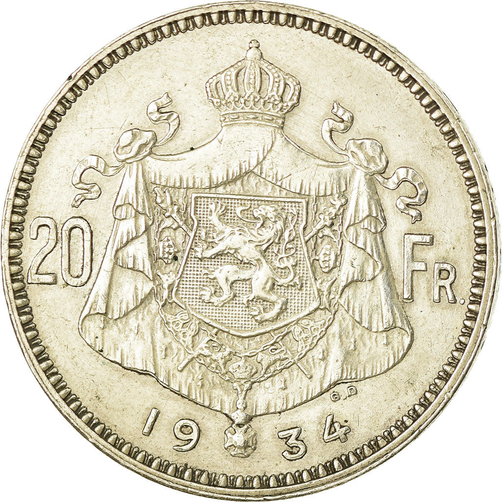 Coin, Belgium, 20 Francs, 20 Frank, 1934, EF(40-45), Silver, KM:104.1