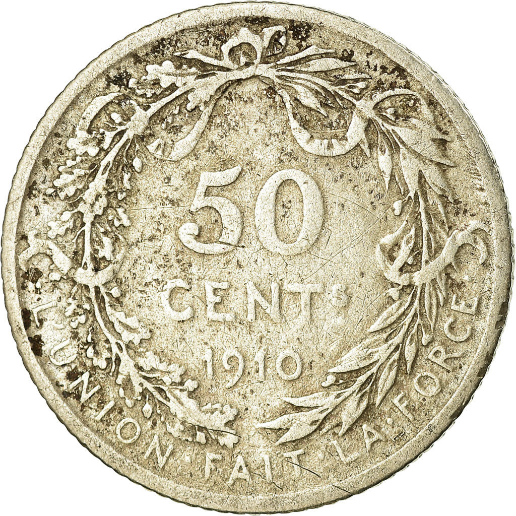 Moneda, Bélgica, 50 Centimes, 1910, BC+, Plata, KM:70