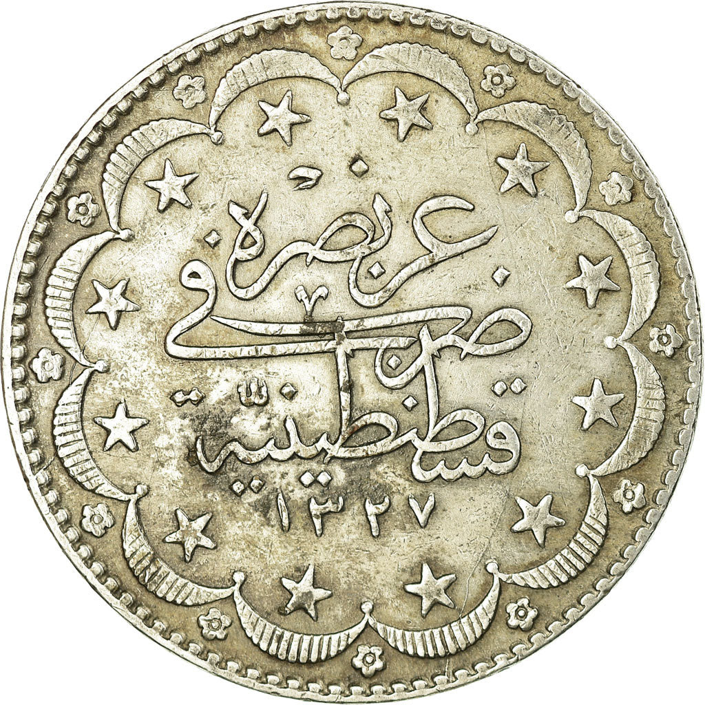 Coin, Turkey, Muhammad V, 20 Kurush, 1917, Qustantiniyah, EF(40-45), Silver
