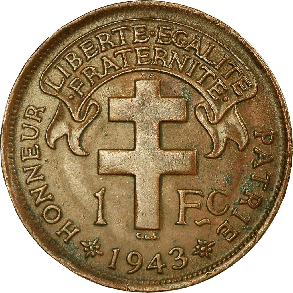 Munten, Frans Equatoriaal Afrika, Franc, 1943, Pretoria, ZF+, Bronze, KM:2a