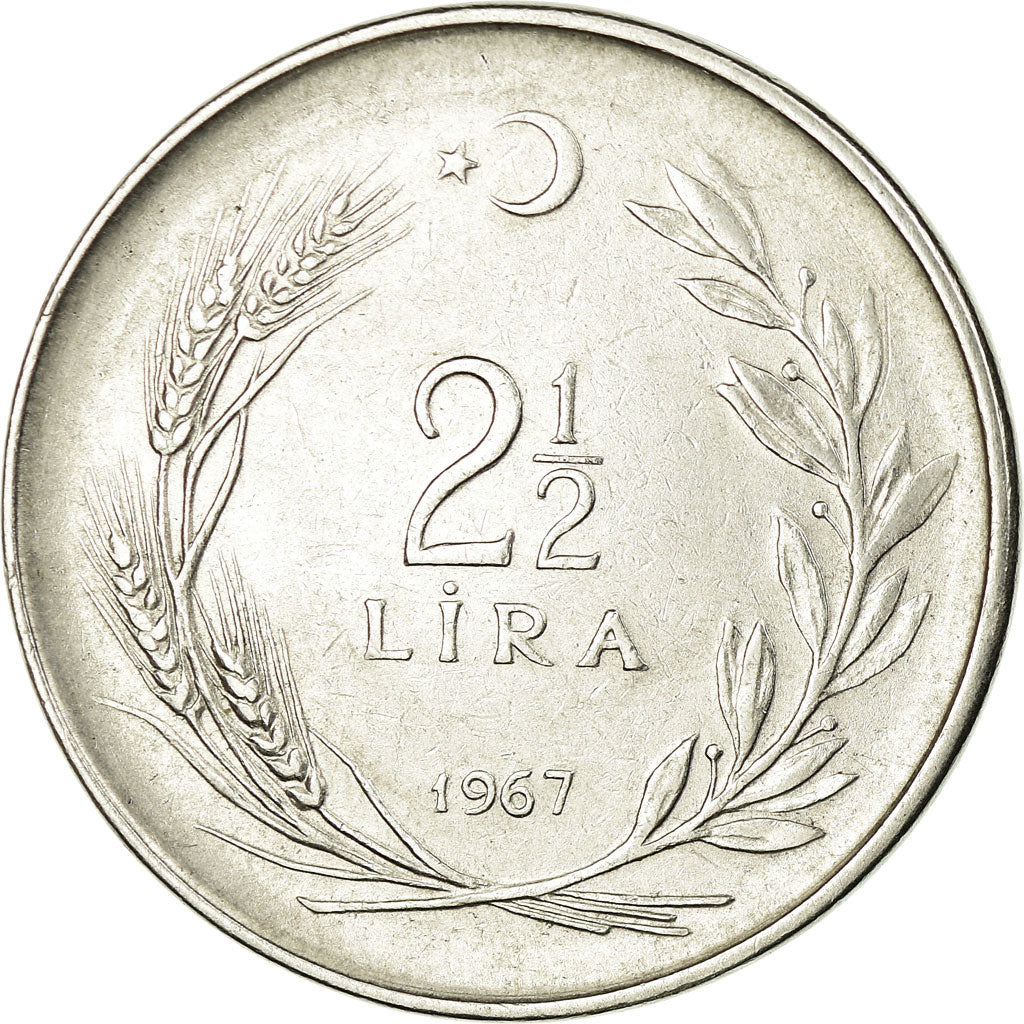 Moeda, Turquia, 2-1/2 Lira, 1967, EF(40-45), Aço Inoxidável, KM:893.1