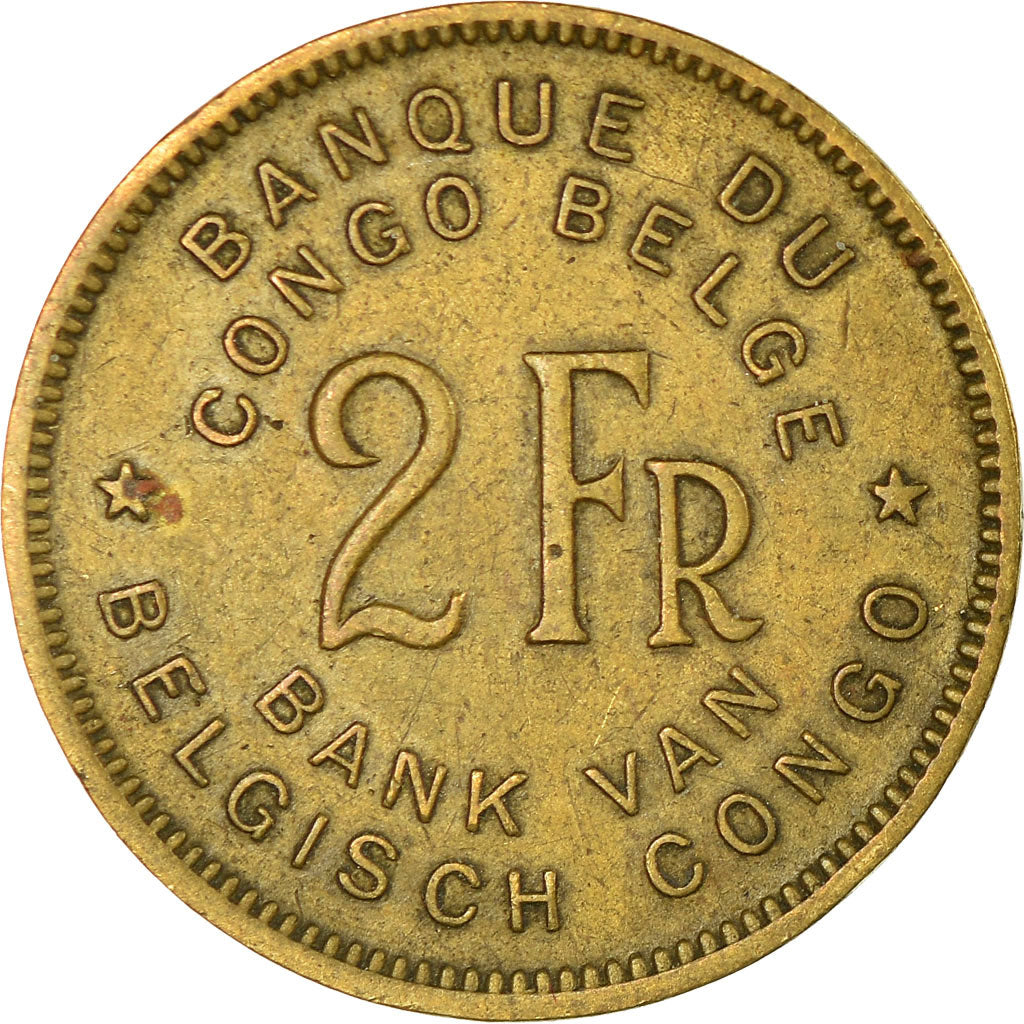 Moneda, Congo belga, 2 Francs, 1947, BC+, Latón, KM:28
