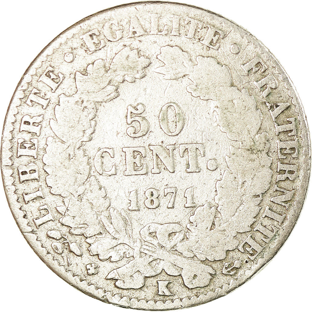 Münze, Frankreich, Cérès, 50 Centimes, 1871, Bordeaux, S, Silber, KM:834.2