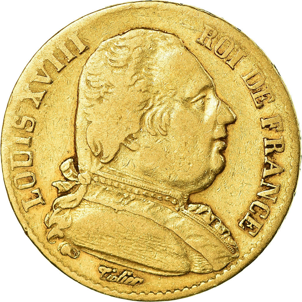 Moneda, Francia, Louis XVIII, 20 Francs, 1814, Paris, BC+, Oro