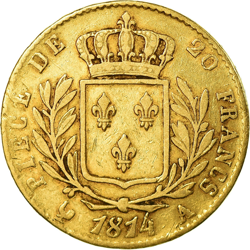 Moneda, Francia, Louis XVIII, 20 Francs, 1814, Paris, BC+, Oro