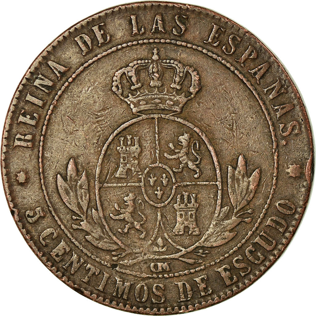 Coin, Spain, Isabel II, 5 Centimos, 1868, Barcelona, EF(40-45), Copper, KM:635.1