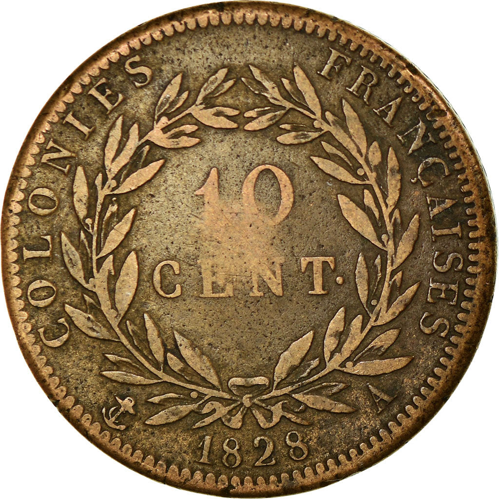 Coin, FRENCH COLONIES, Charles X, 10 Centimes, 1828, Paris, VF(30-35), Bronze