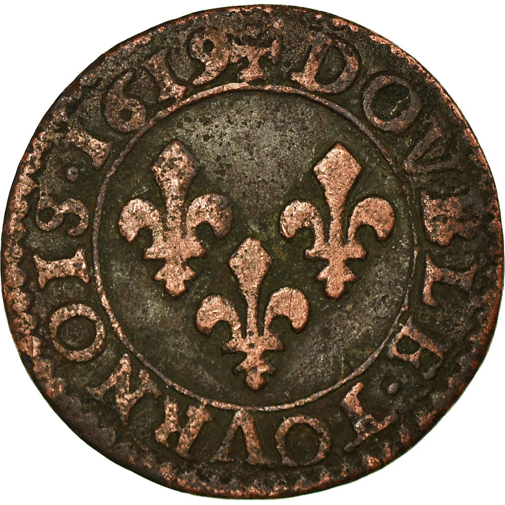 Monnaie, France, Louis XIII, Double tournois, buste enfantin, 1619, Poitiers,TB+