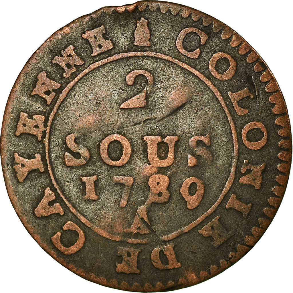 Coin, FRENCH GUIANA, 2 Sous, 1789, Paris, VF(30-35), Billon, KM:1, Lecompte:20