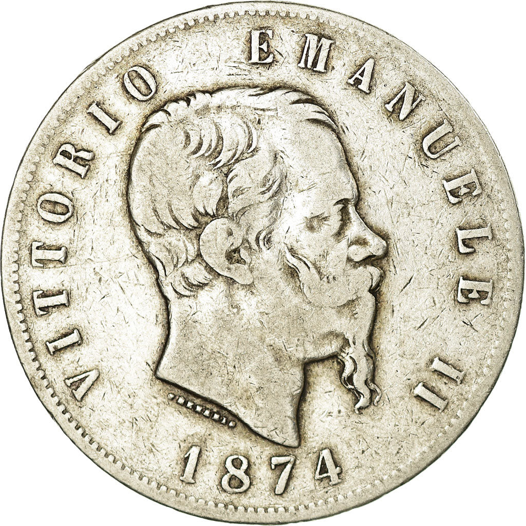 Coin, Italy, Vittorio Emanuele II, 5 Lire, 1874, Milan, VF(20-25), Silver,KM 8.3