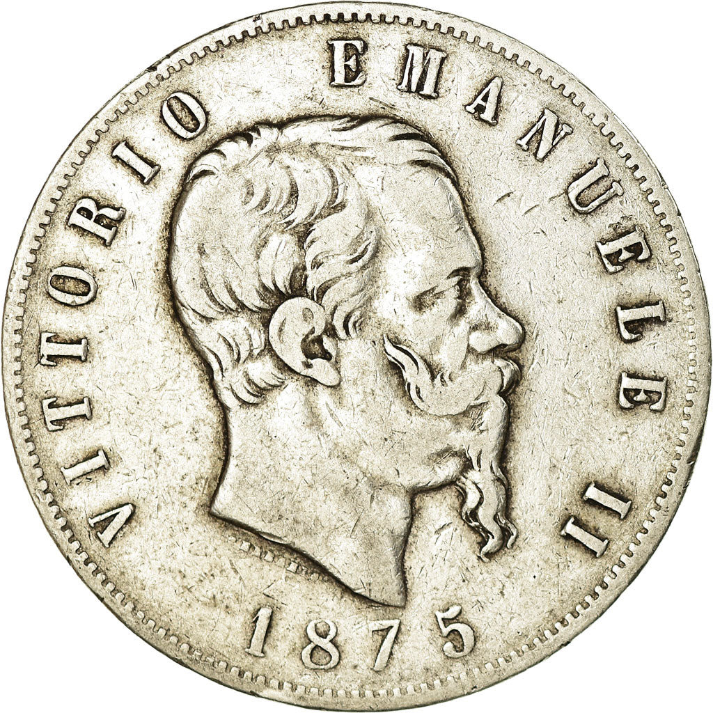Coin, Italy, Vittorio Emanuele II, 5 Lire, 1875, Milan, VF(30-35), Silver,KM 8.3